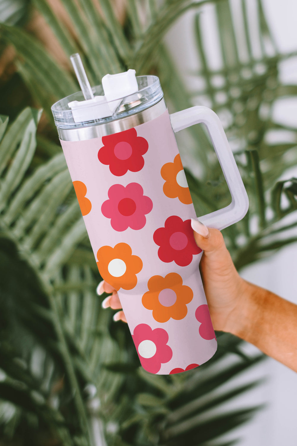 Multicolor Flower Print Handled Stainless Steel Vacuum Cup