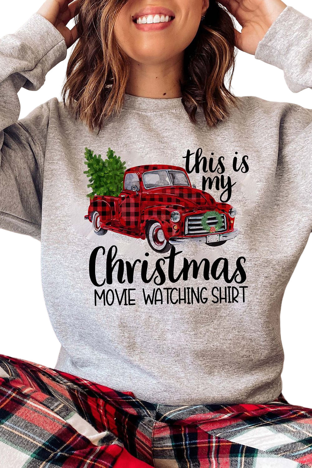 Christmas Letter Plaid Car Graphic Print Pullover Sweatshirt