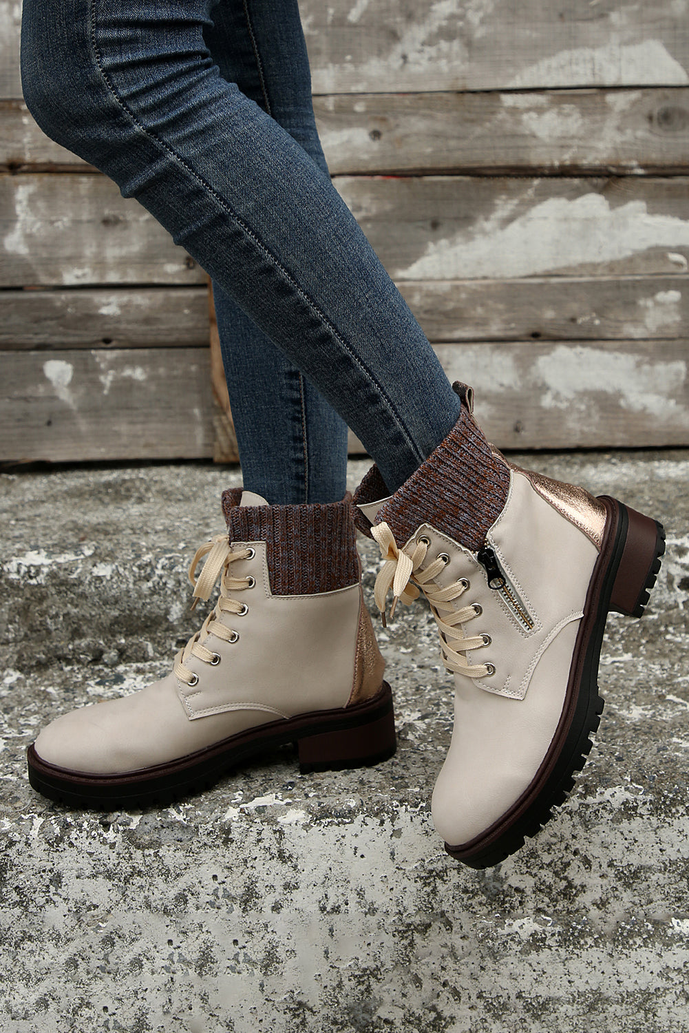 Beige Knitted Patched Lace-up Heeled Ankle Boots