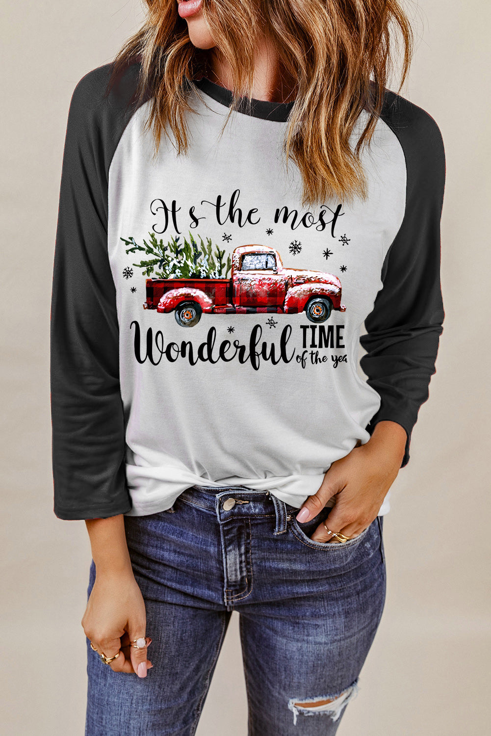 Christmas Truck Letter Graphic Print Color Block Top