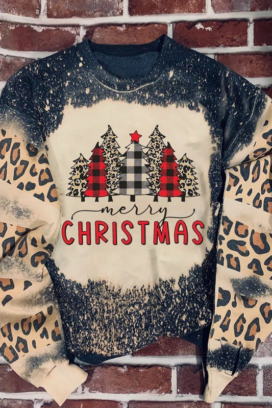 Merry Christmas Multi Tree Print Leopard Sleeve Sweatshirt