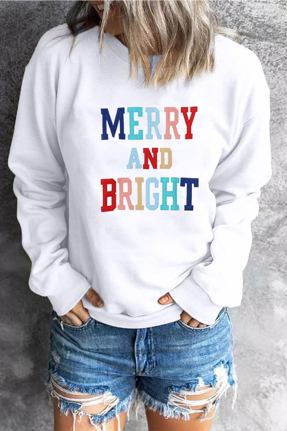 White MERRY AND BRIGHT Stitching Graphic Sweatshirt