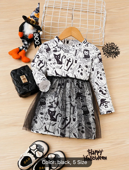 Newborn Halloween Mesh Skirt Long Sleeve Cute Cartoon Ghost Pumpkin Full Print Dress