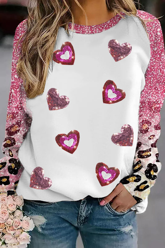 Pink Sequin Heart Shaped Leopard Long Sleeve Top
