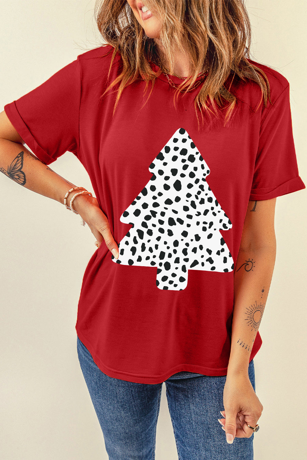 Leopard Christmas Tree Print Short Sleeve Graphic Tee