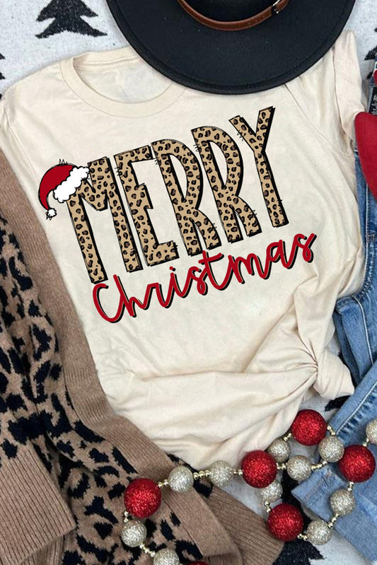 Khaki MERRY Christmas Hat Print Crew Neck Graphic Tee