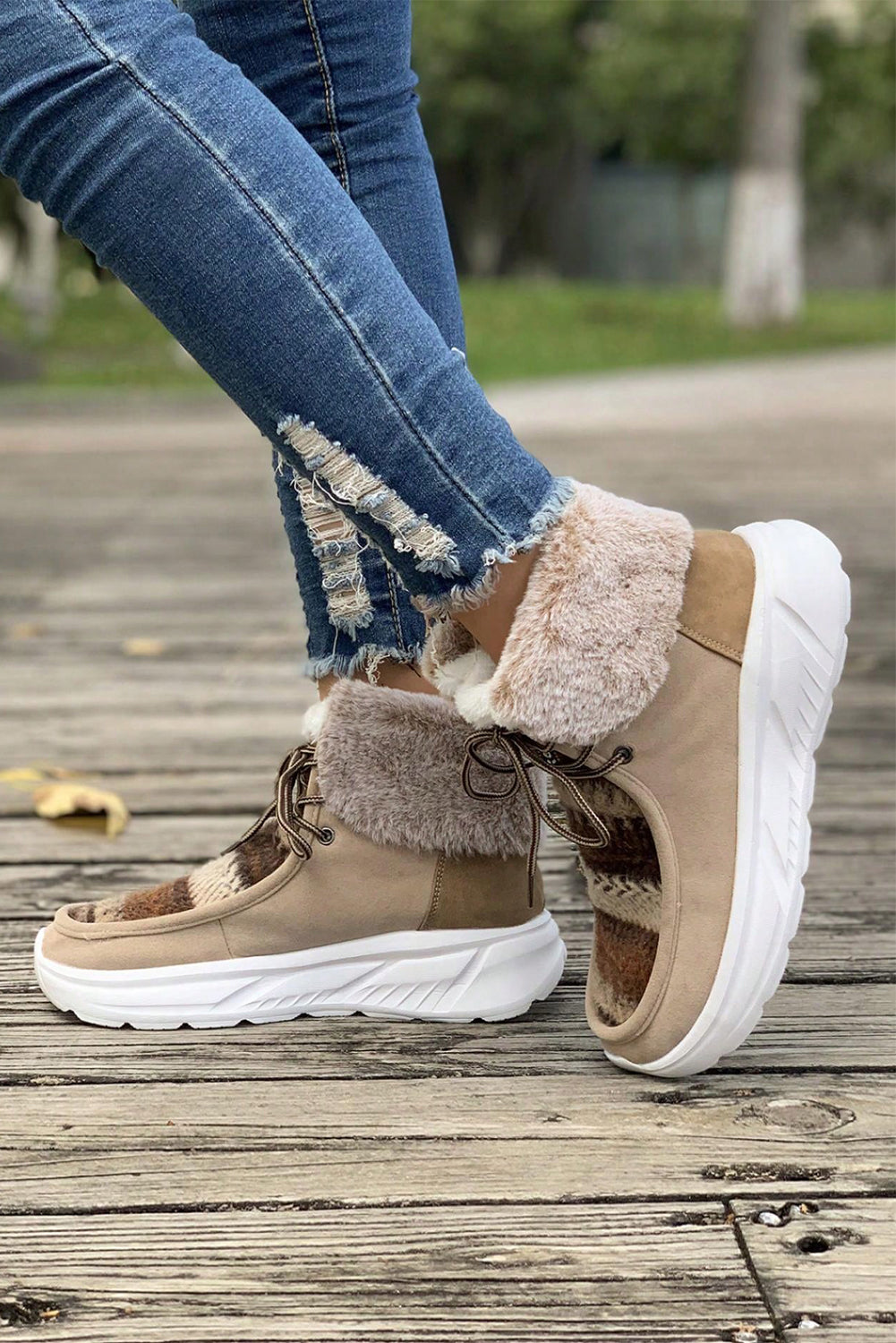 Chestnut Plush Suede Patched Lace Up Ankle Boots