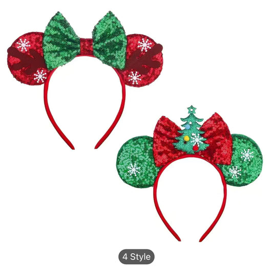 2pcs Christmas Hair Hoops Set Red Green Contrast Color Sequin Mouse Ears Headwear Christmas Party Dress Up Headdress