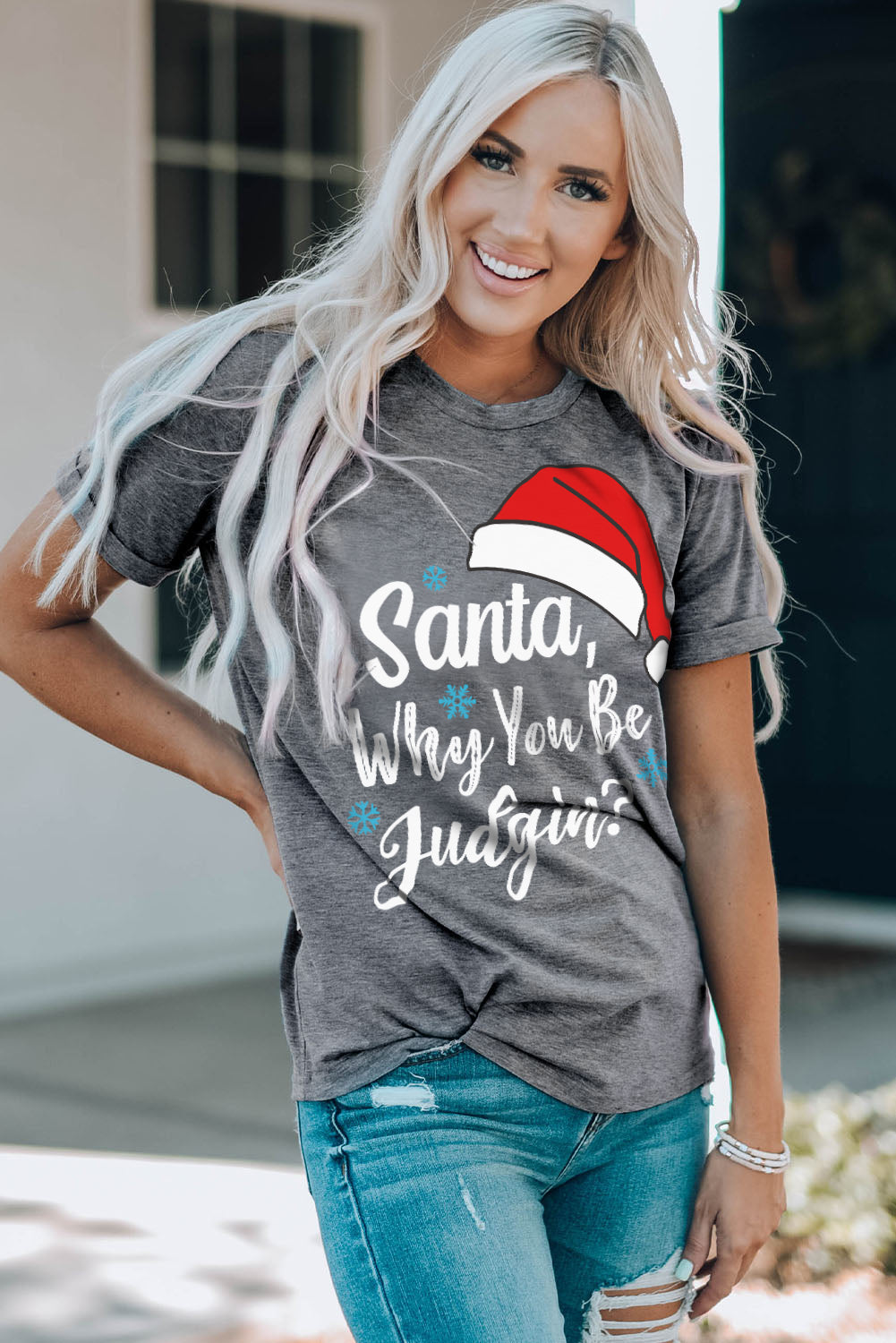 Christmas Santa Hat Snowflake Letter Print Graphic Tee