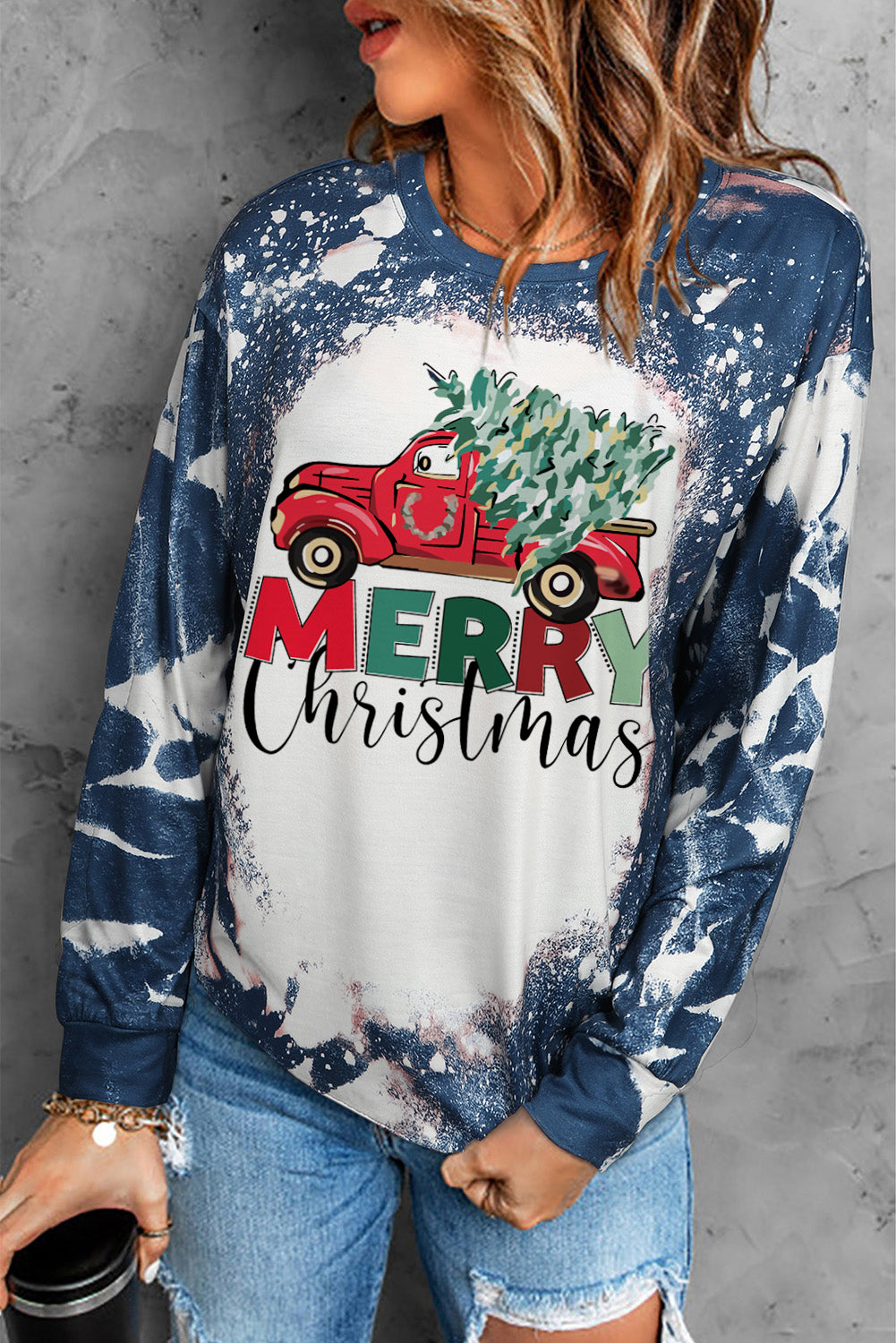 Multicolor MERRY Christmas Bleached Long Sleeve Top