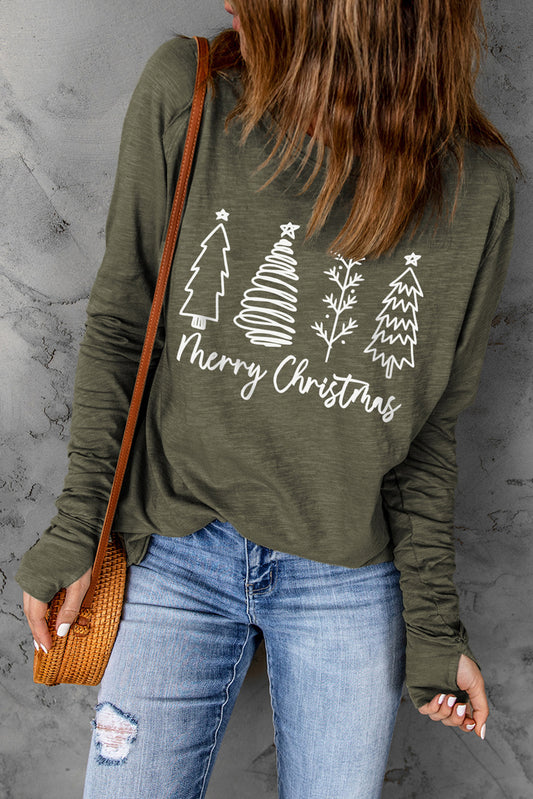 Green Merry Christmas Trees Thumbhole Sleeve Graphic Tee