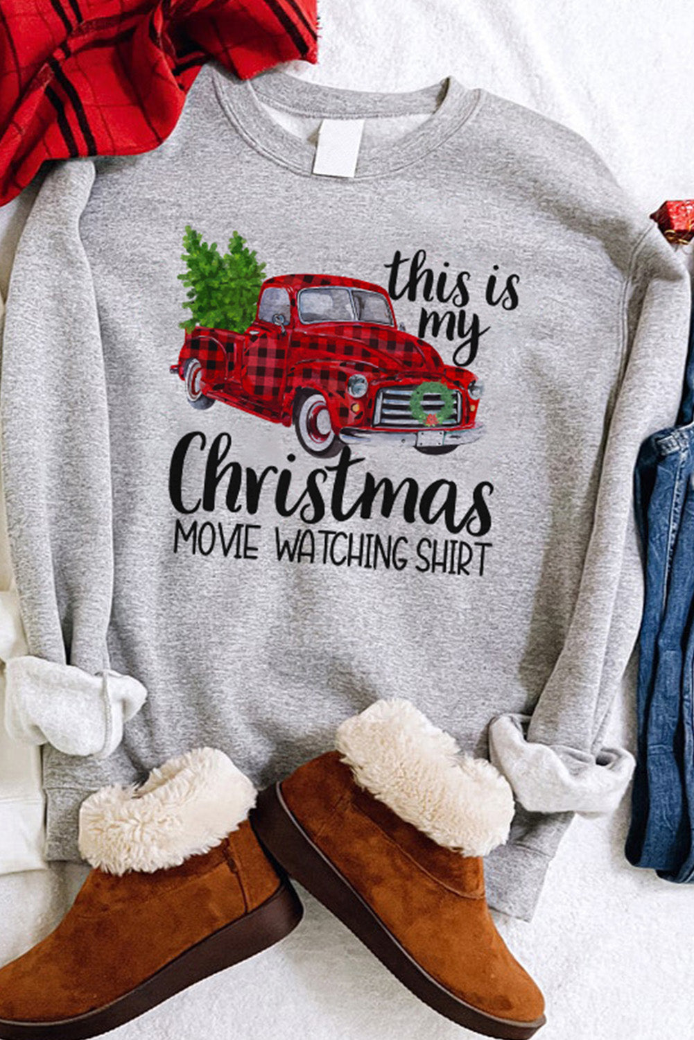 Christmas Letter Plaid Car Graphic Print Pullover Sweatshirt