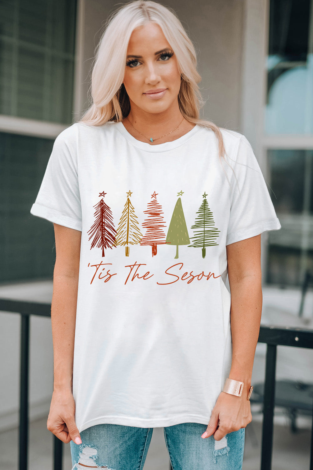 White Cute Christmas Trees Print Crew Neck T Shirt