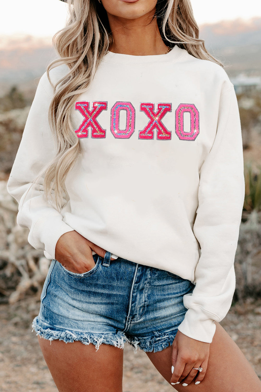 Beige Shiny XOXO Valentine Pullover Sweatshirt