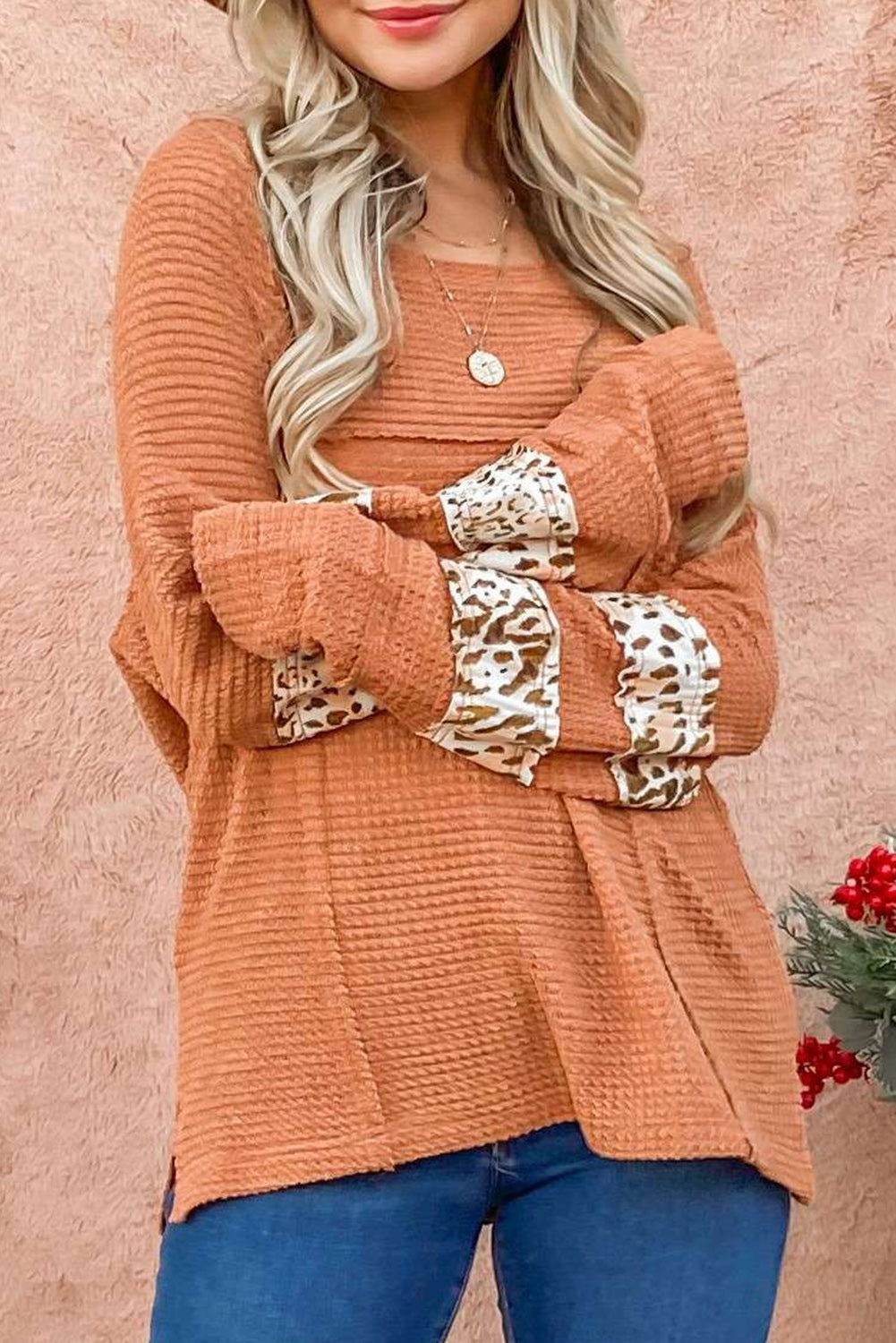 Apricot Leopard Splicing Exposed Seam Waffle Knit Top