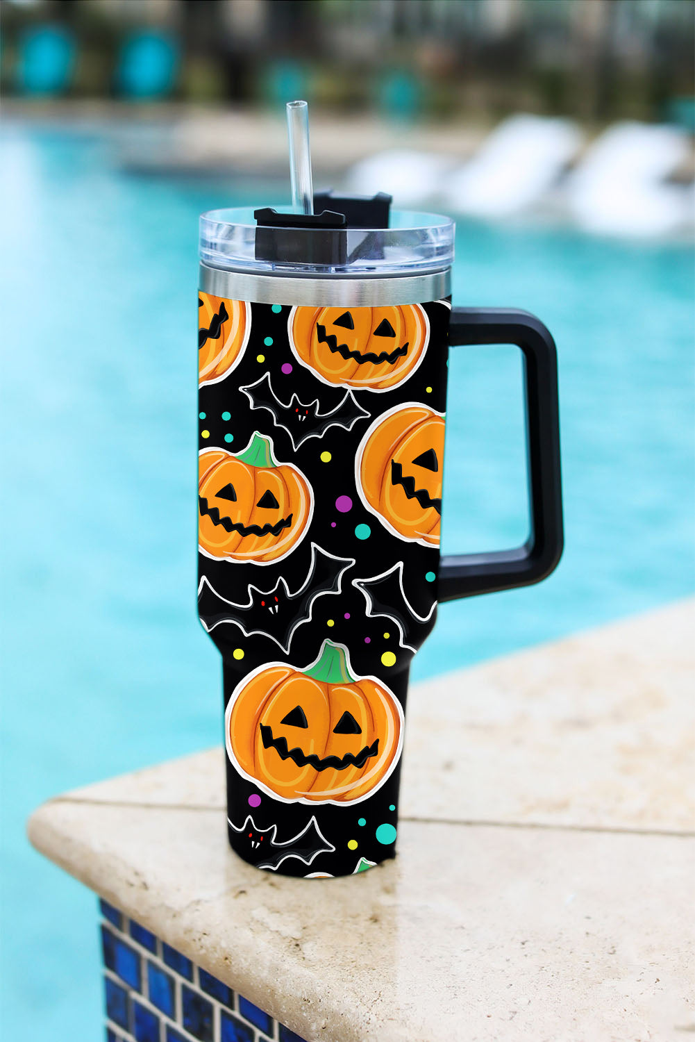 Black Halloween Pumpkin Bat Printed Tumbler with Straw