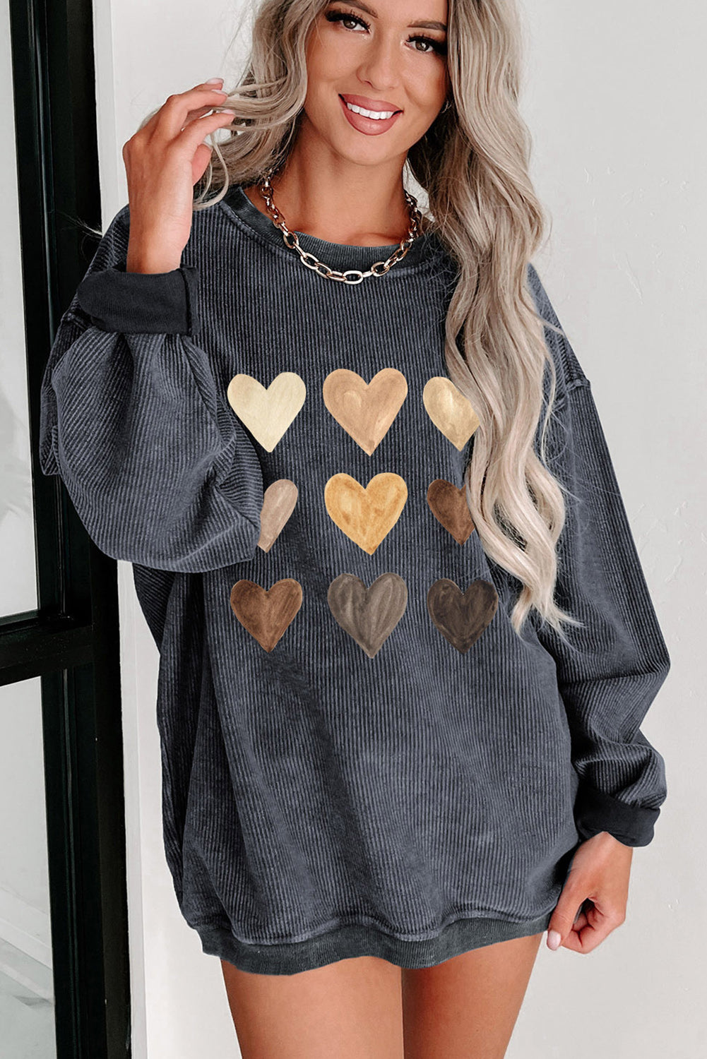 Gray Valentine Heart Graphic Corded Sweatshirt