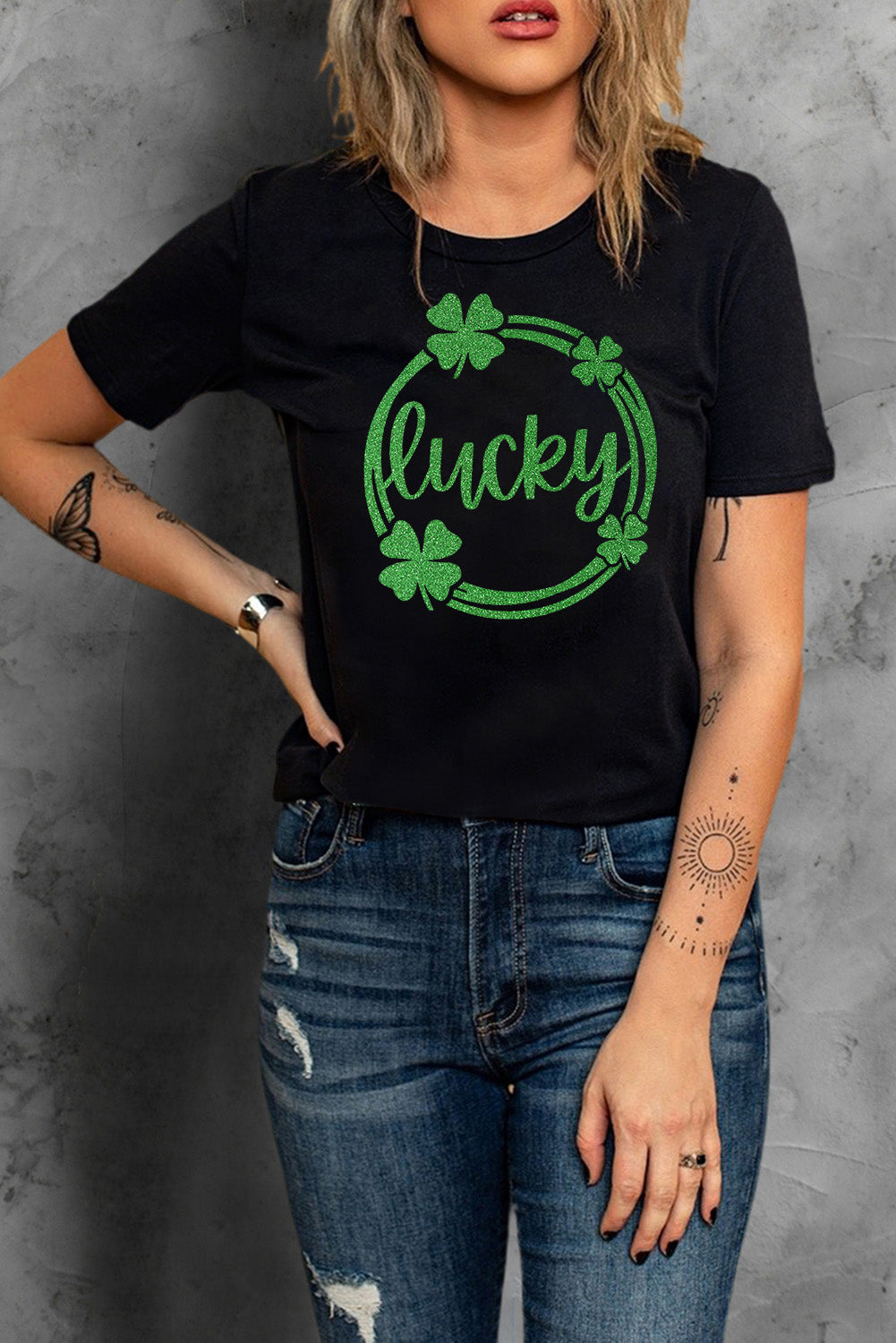 Black St Patrick Sequin Lucky Clover Print Short Sleeve T-shirt