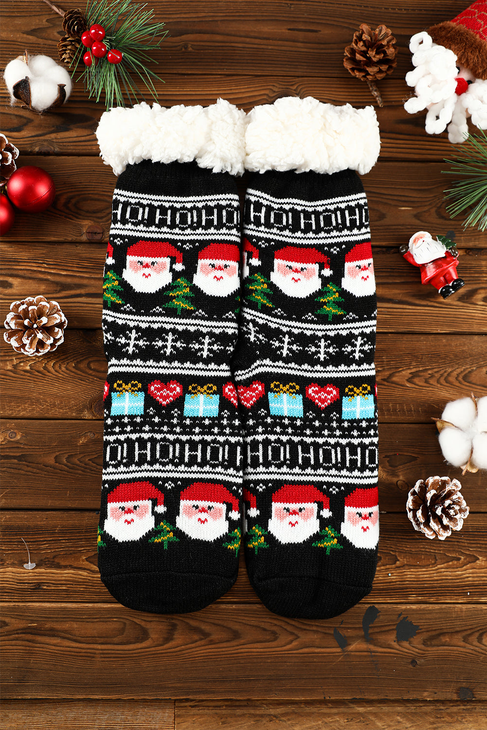 Black Cartoon Santa Claus Christmas Fleece Socks