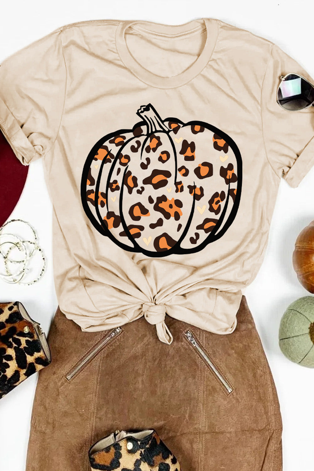 Khaki Pumpkin Leopard Print Short Sleeve Graphic T Shirt