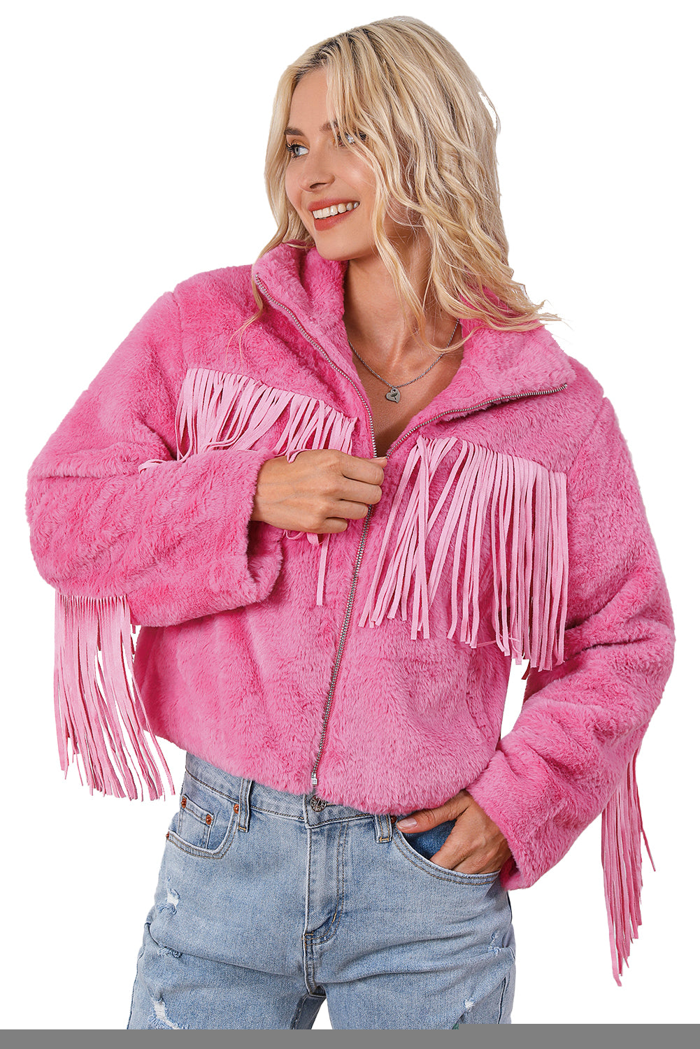 Pink Fringed Full Zipper Fleece Jacket