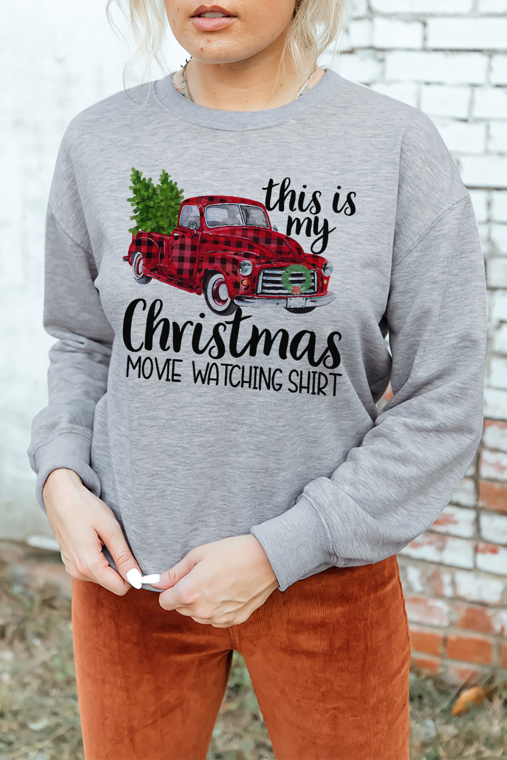 Christmas Letter Plaid Car Graphic Print Pullover Sweatshirt