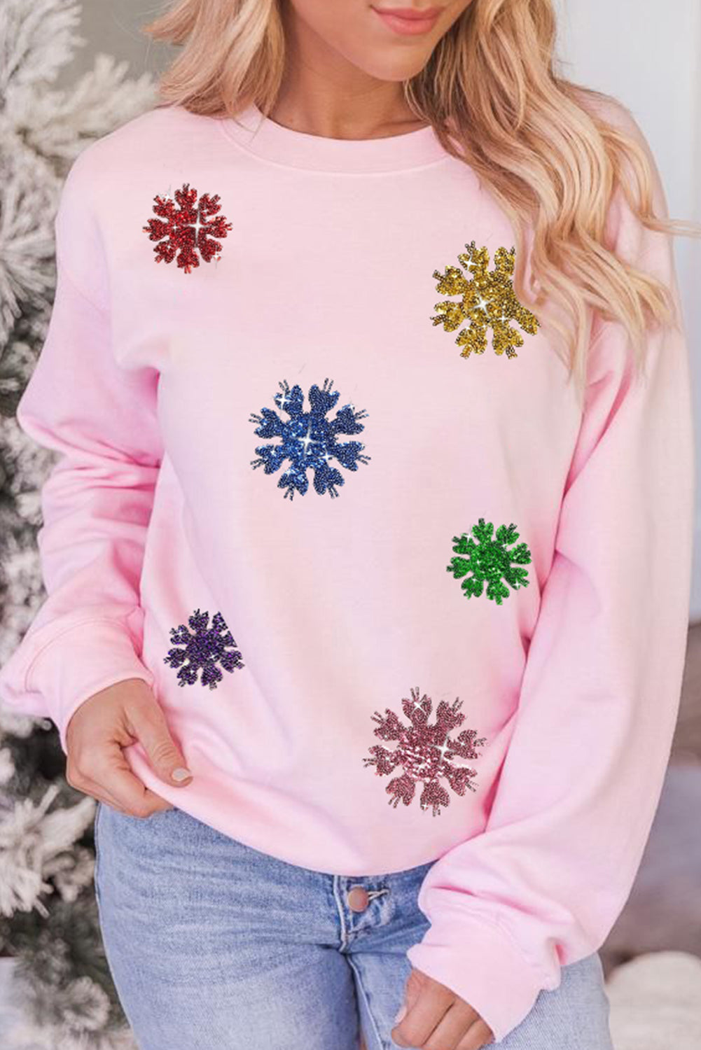 Pink Christmas Sequin Snowflake Pullover Sweatshirt