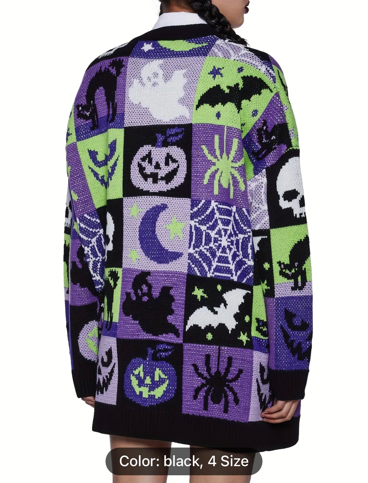 Halloween Pattern Button Front Knit Cardigan, Casual Long Sleeve V Neck Sweater, Women's Clothing