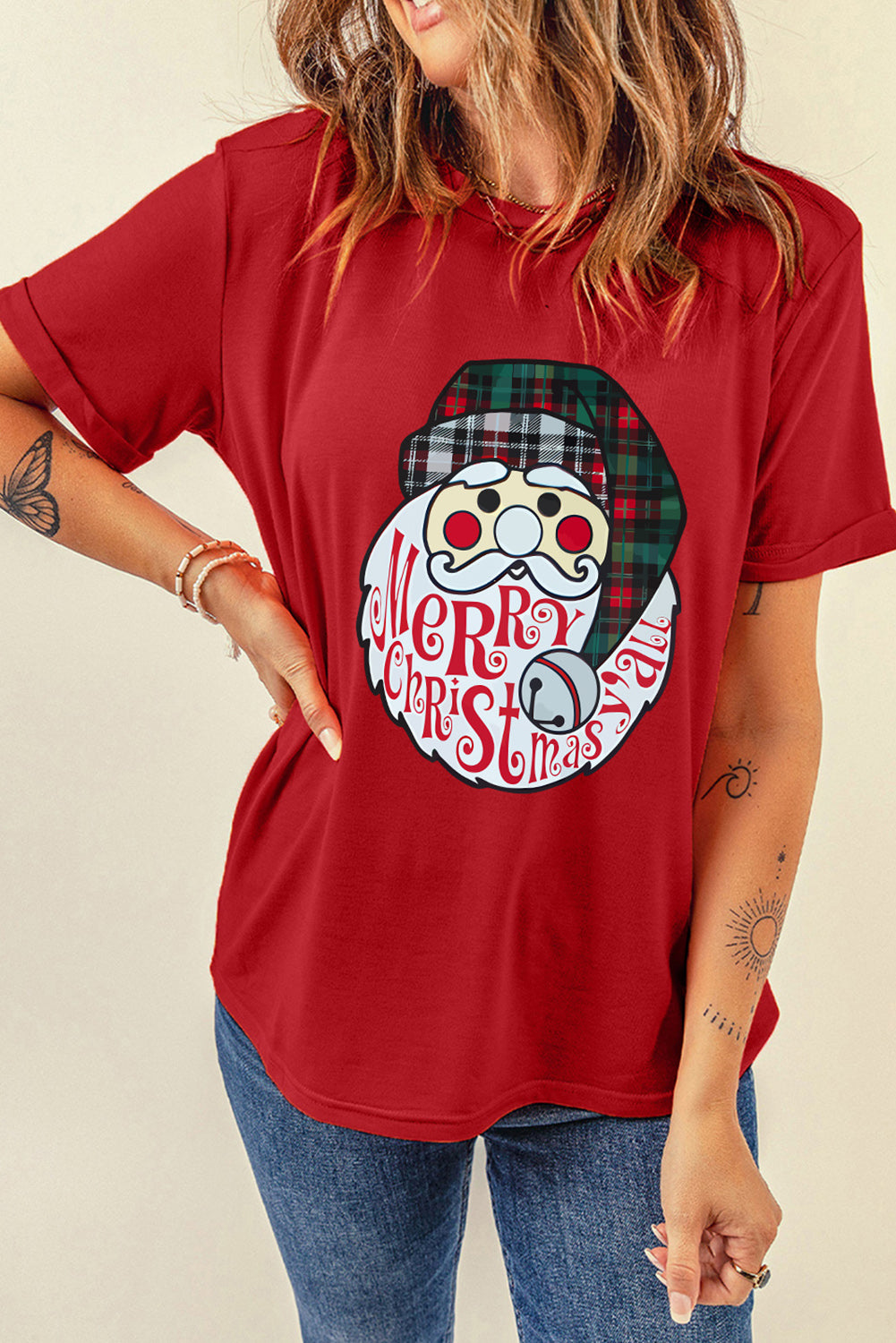 Red Santa Clause Graphic Crew Neck Christmas T Shirt