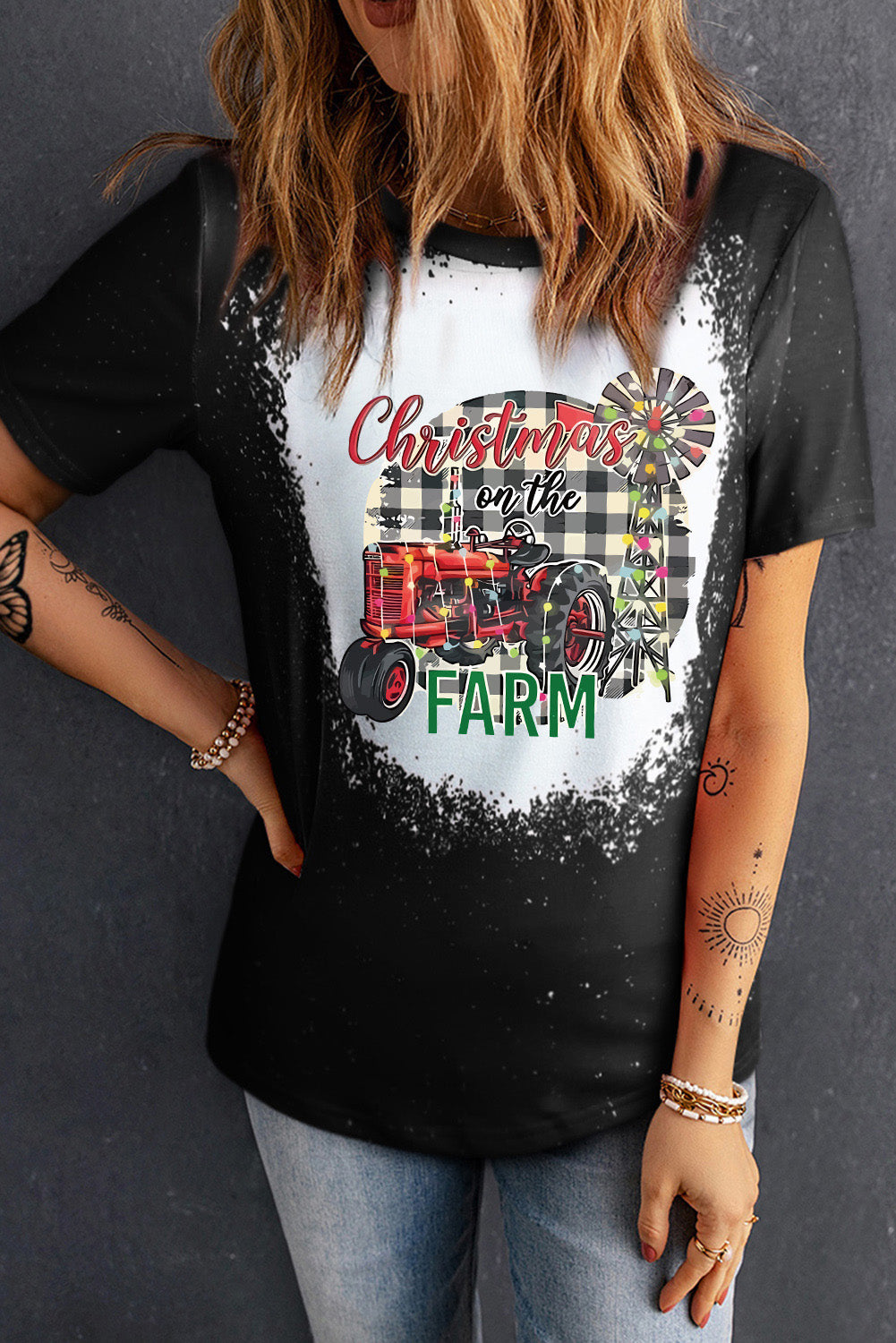 Black Christmas Farm Graphic Bleached T-shirt