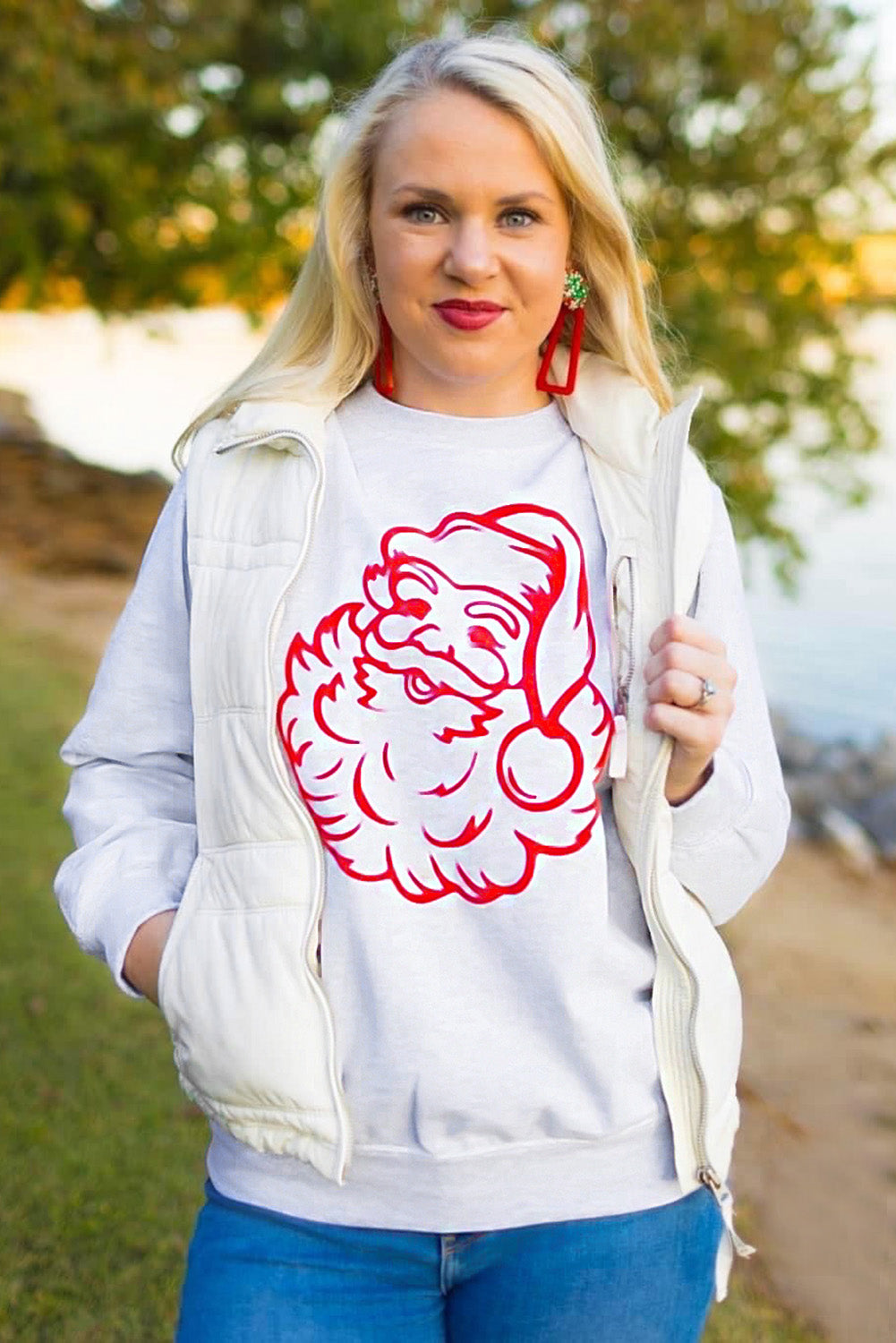 White Christmas Santa Clause Print Round Neck Sweatshirt