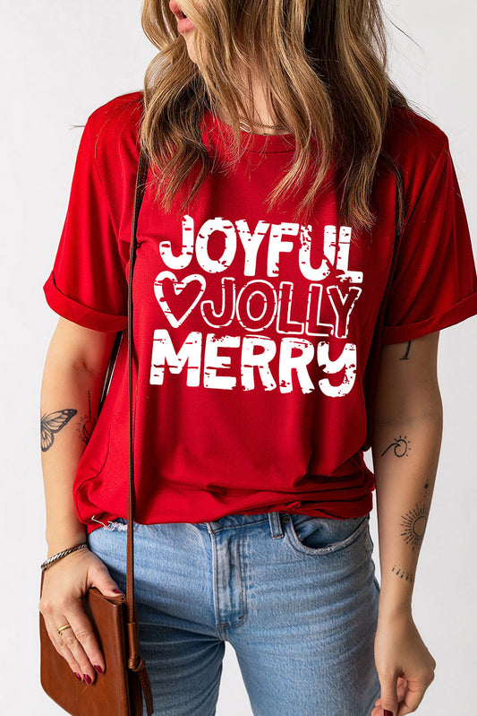 Red JOYFUL JOLLY MERRY Heart Print Crew Neck T Shirt