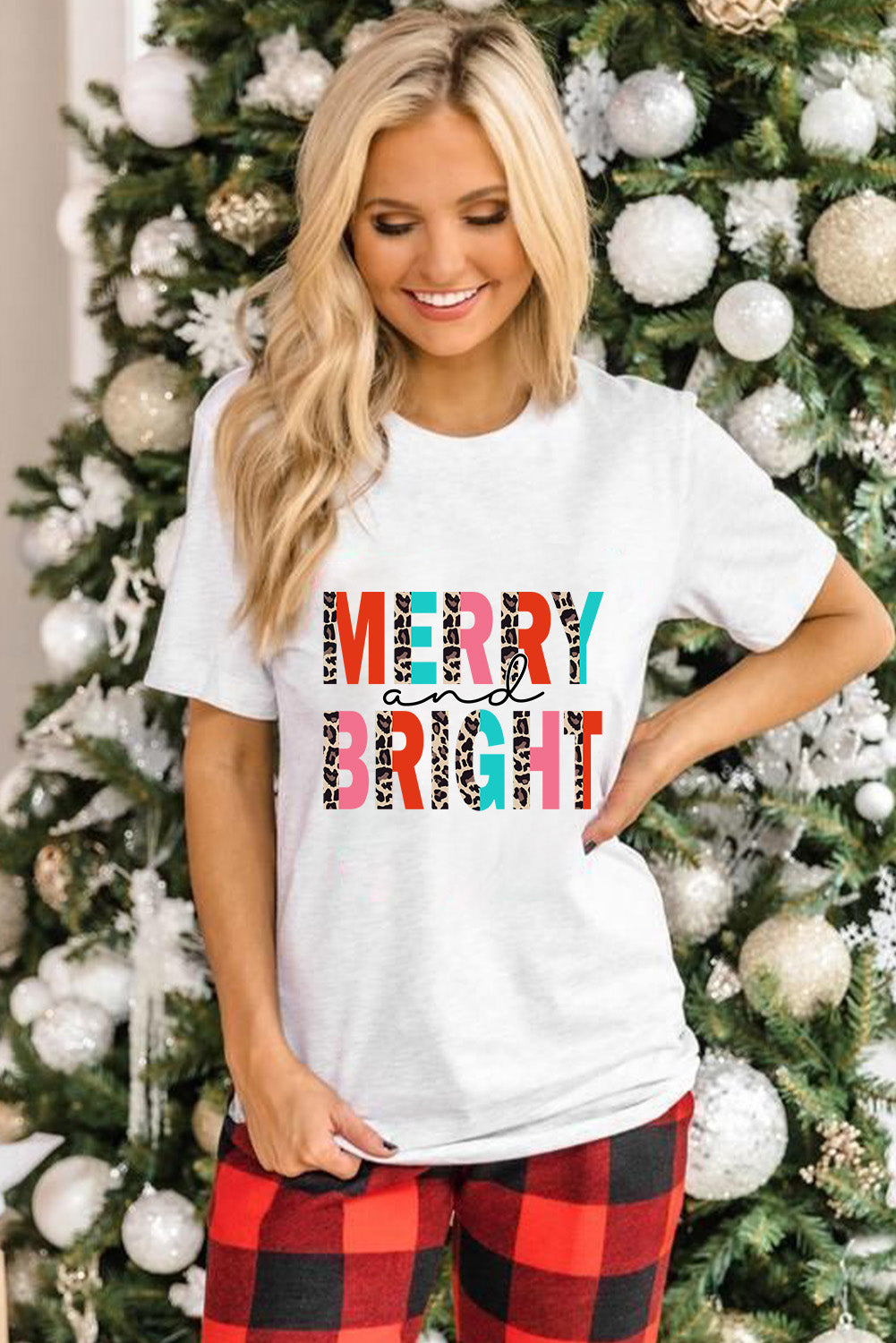 Merry and Bright Leopard Print Short Sleeve Graphic Tee