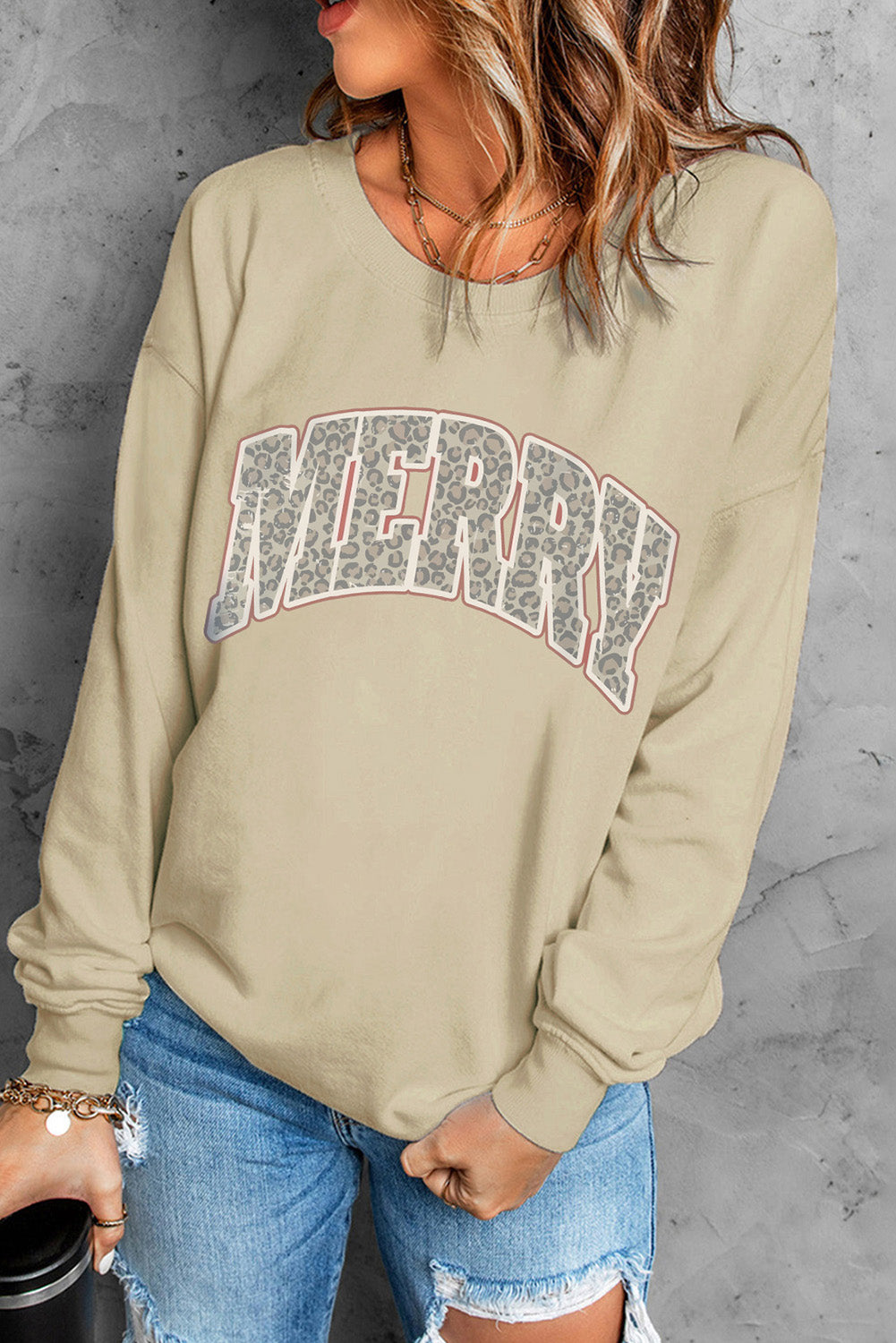 Khaki MERRY Leopard Print Long Sleeve Graphic Sweatshirt