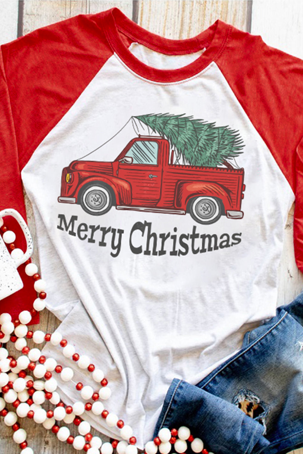 Merry Christmas Truck Graphic Print Color Block Top