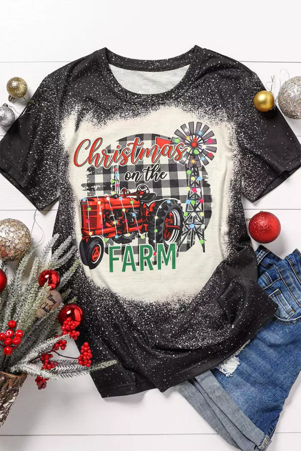 Black Christmas Farm Graphic Bleached T-shirt