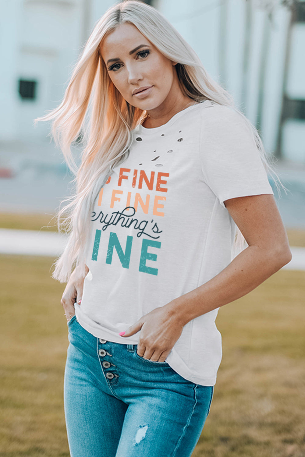 White Everything is Fine Graphic Distressed T-shirt