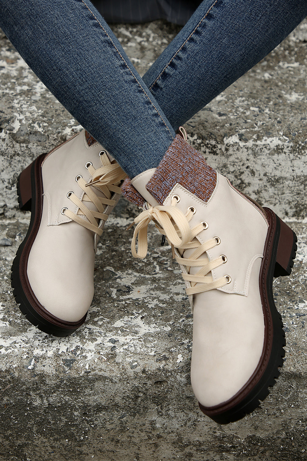 Beige Knitted Patched Lace-up Heeled Ankle Boots