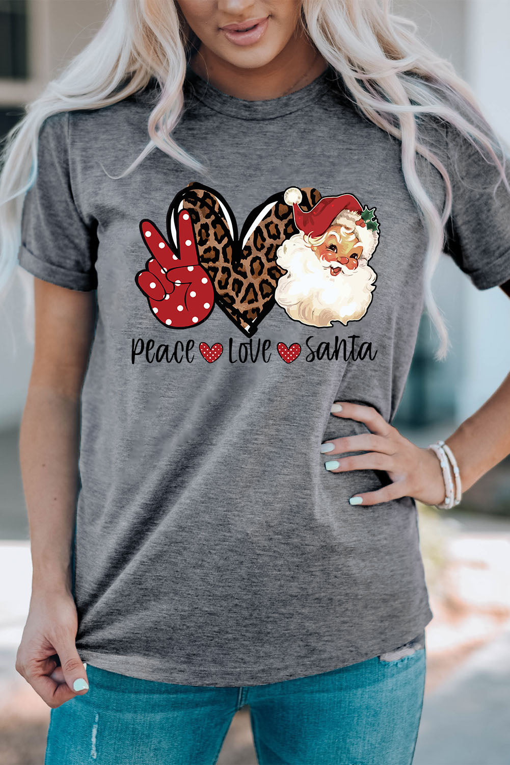 Gray Peace Love Santa Graphic Tee