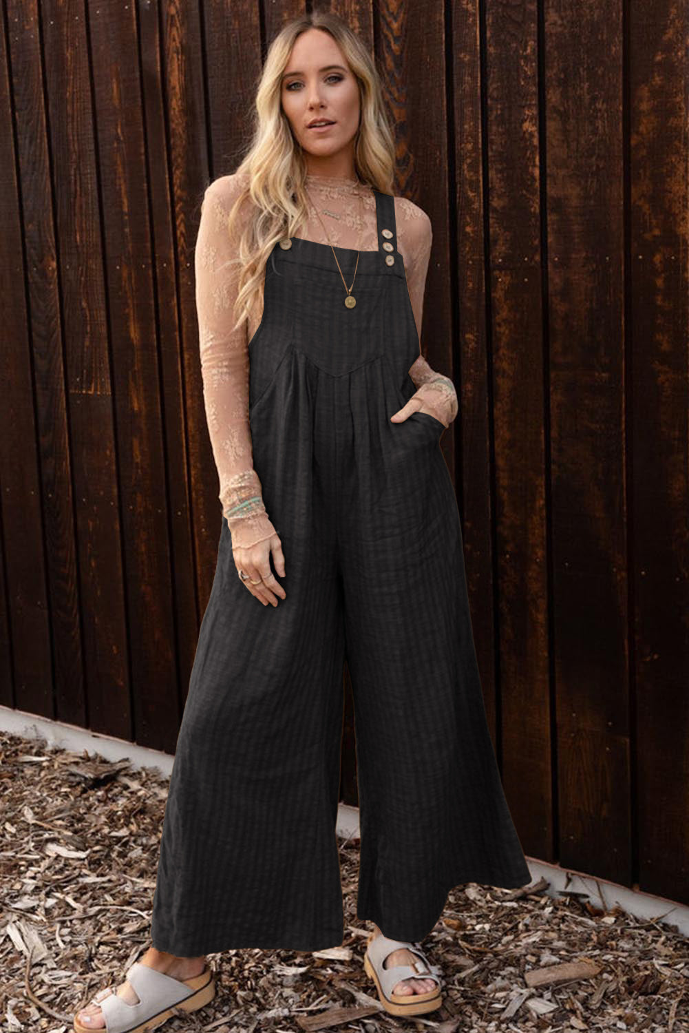 Black Striped Pleated Wide Leg Pocketed Jumpsuit