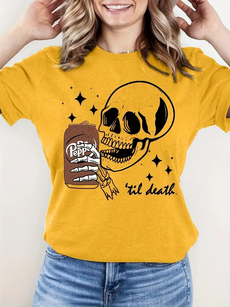 DrPepper Skull Shirt, Women's Casual Short Sleeve T-Shirt with Skull Graphic Print