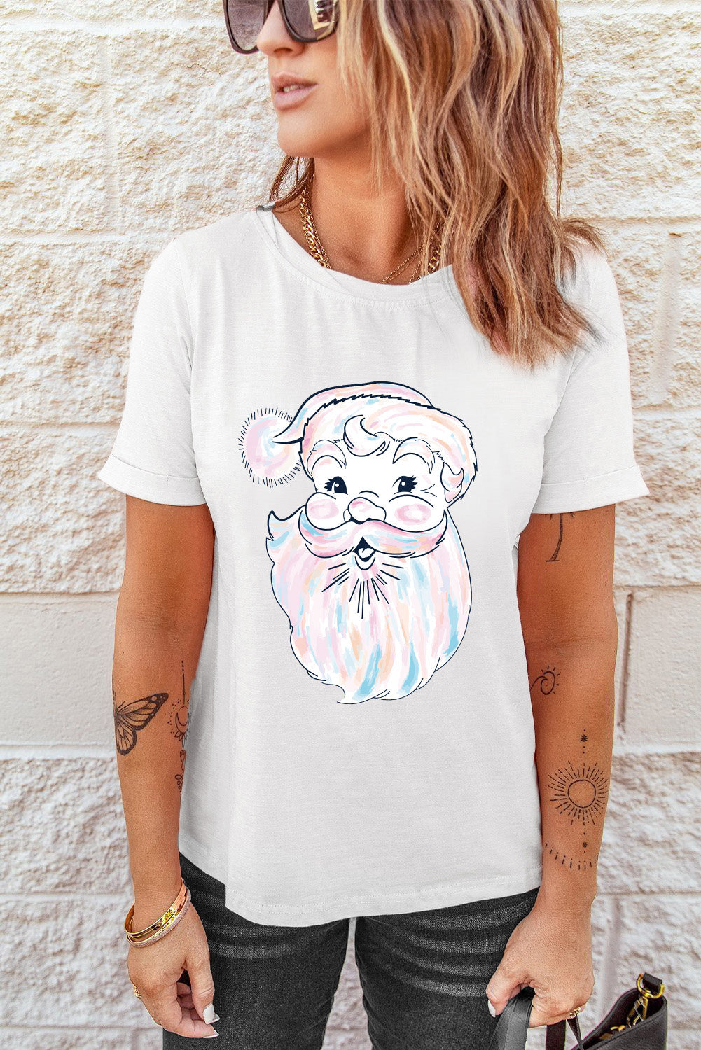 White Cute Santa Claus Graphic Casual Tee