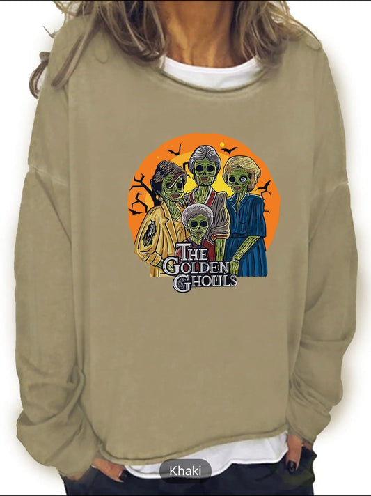 Halloween Ghouls Print Sweatshirt, Casual Long Sleeve Crew Neck Sweatshirt, Women's Clothing