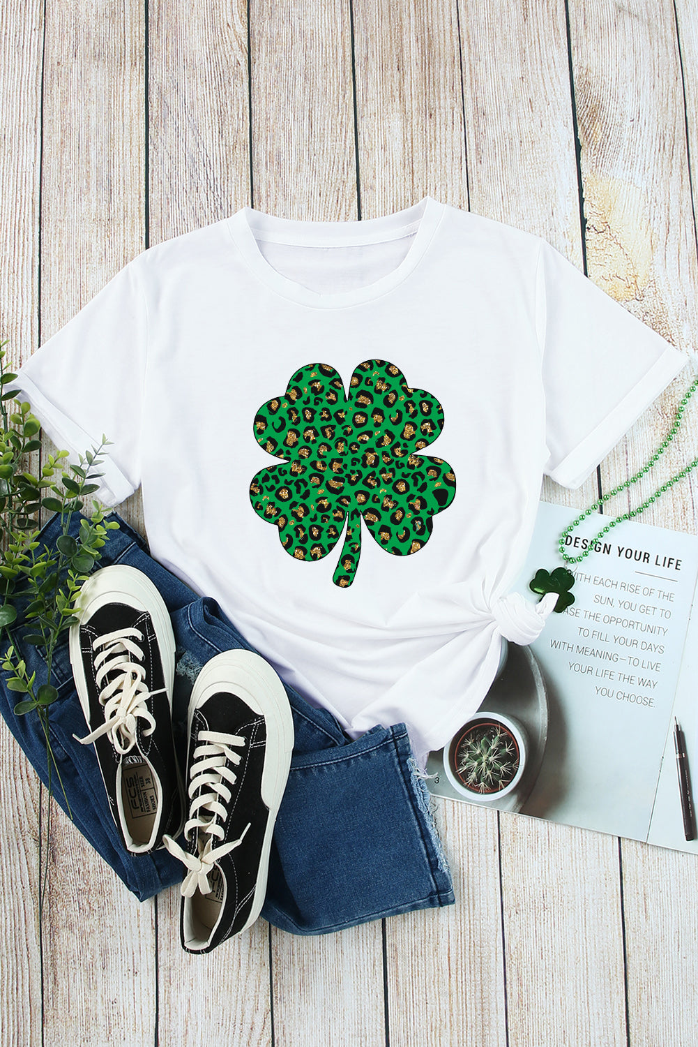 White Leopard Four Leaf Clover Graphic Tee