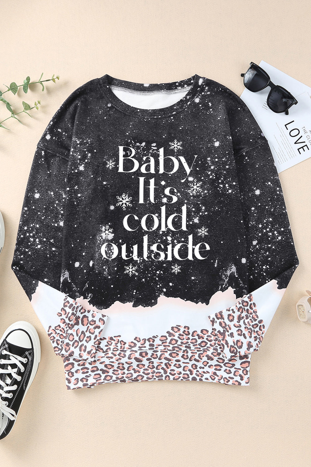 Black Baby It’s Cold Outside Leopard Print Crewneck Sweatshirt