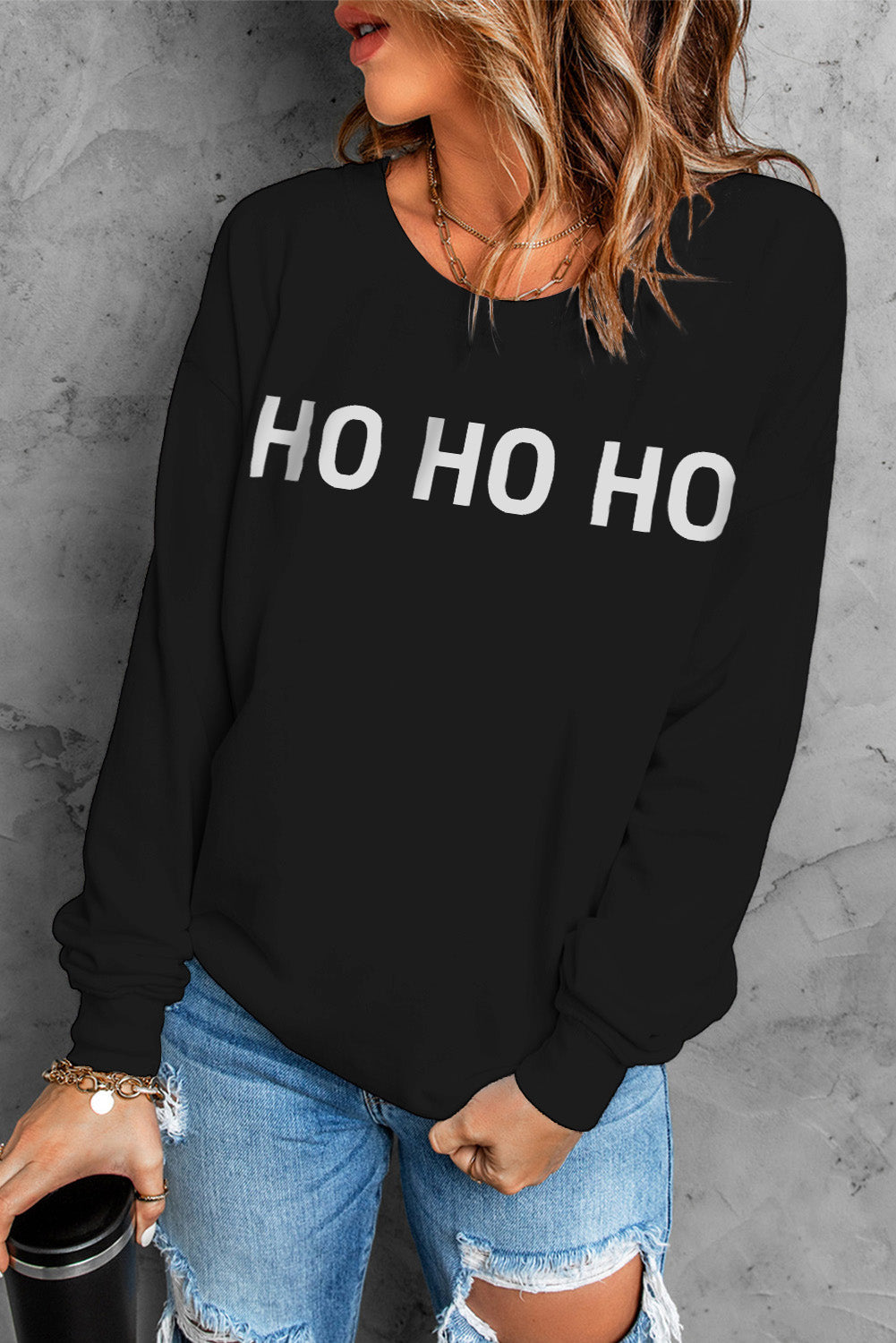HO HO HO Print Long Sleeve Pullover Sweatshirt