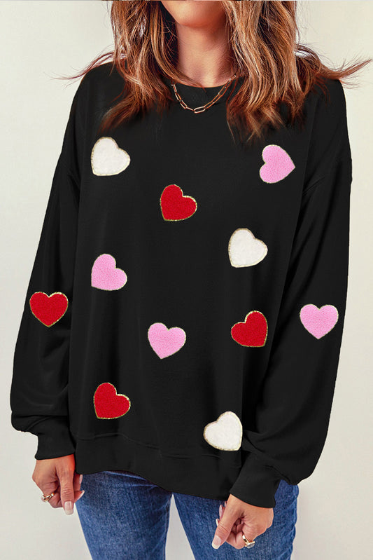 Black Heart Shaped Chenille Embroidered Crew Neck Sweatshirt