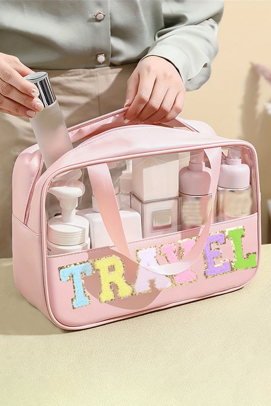 Light Pink TRAVEL Chenille Letter Clear PVC Makeup Bag