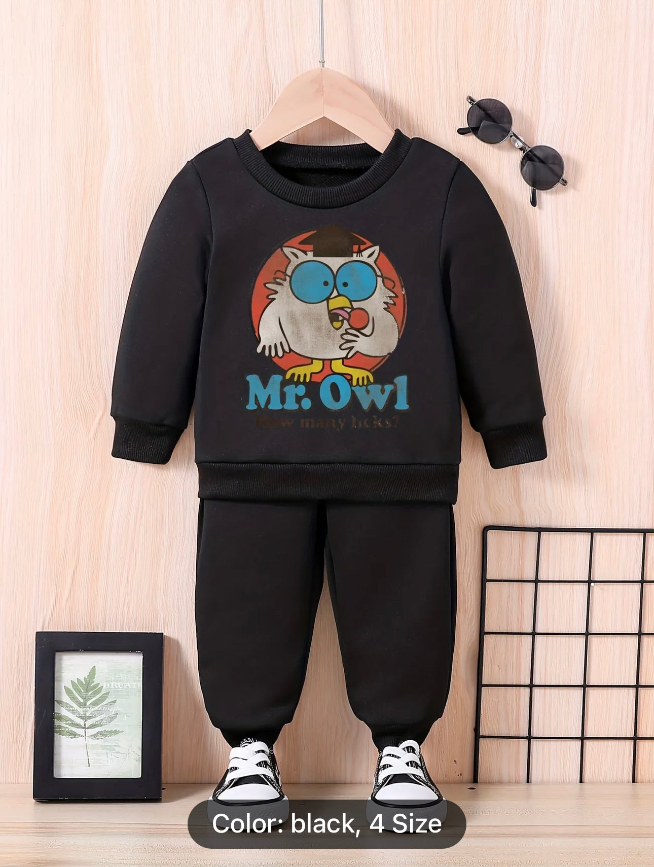 Kids Mr. Owl Cartoon Print Round Neck Sweatshirt And Pants, Fashion Suit For Spring And Autumn