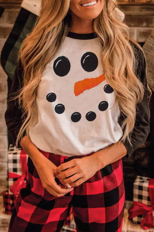 Christmas Snowman Face Print Color Block Top